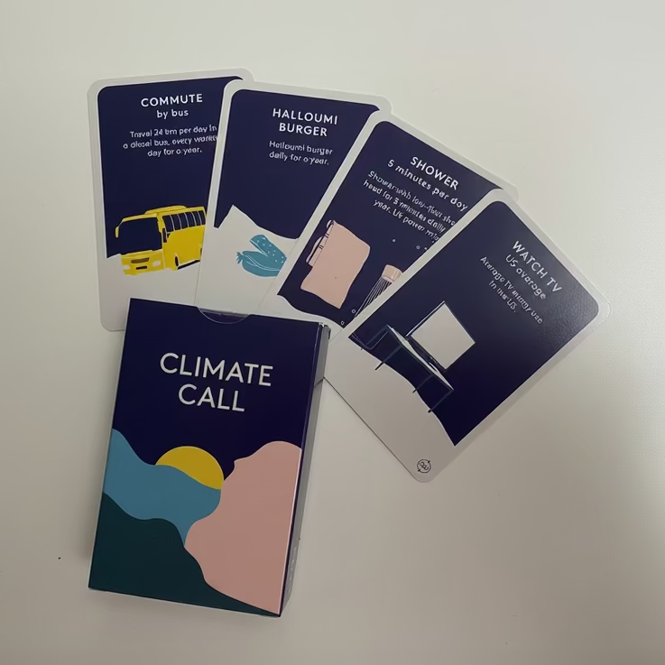 Card game Climate Call Teacher’s Kit, School Kit – 5 games for classroom use, for teaching about Climate and Sustainability climate impacts of food, watching TV showering commuting