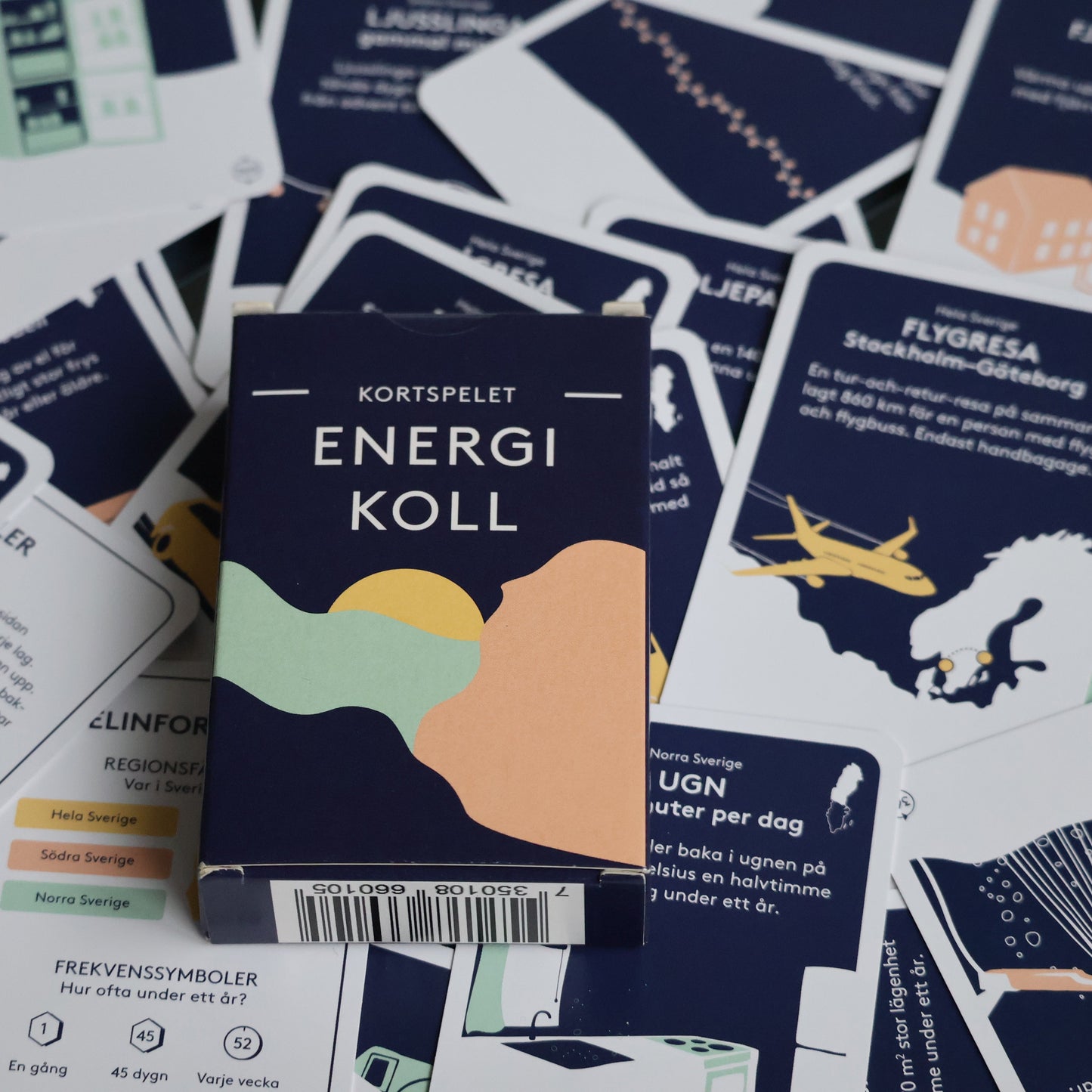 Energikoll spelask och utspridda kort