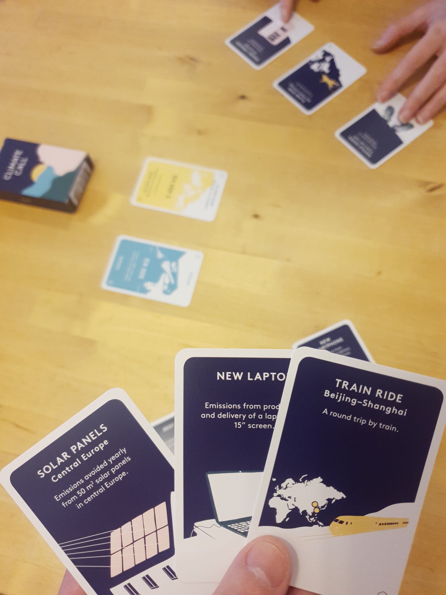 The card game Climate Call Teacher’s Kit – Climate impacts of flying, train ride, festival visit, soplar panels, new laptop, and mixed diet – 5 games for classroom use
