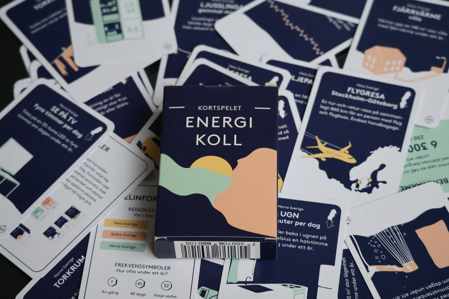 Energikoll spelask och utspridda kort